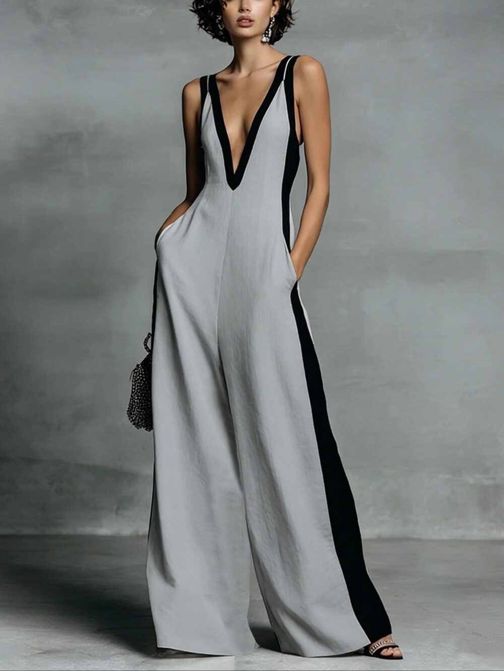 Sleeveless Grey & Black V-Neck Wide-Leg Jumpsuit